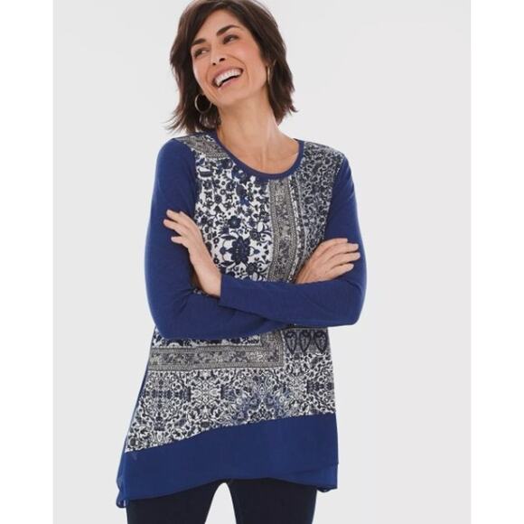 Chicos Womens Cool Patchwork Knit Tunic Top Size 3 US XL Chiffon Hem Long Sleeve - Picture 1 of 9